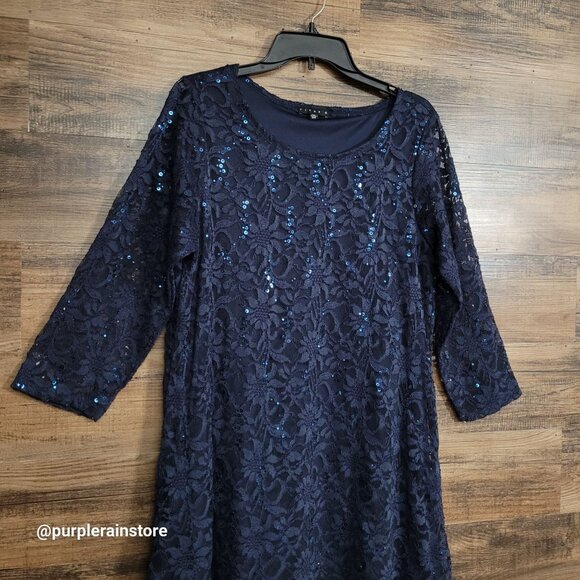 Tiana B Sequins Floral Lace Midi Dress 16 W Navy Dark Coquette Ethereal - Picture 3 of 11